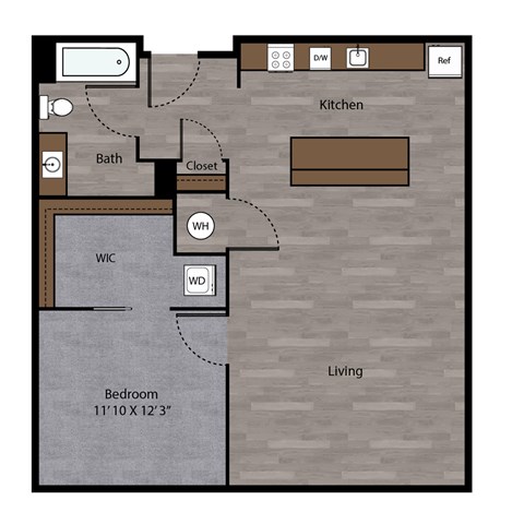 Floor plan for 1 bed, 1 bath, 783 sqft